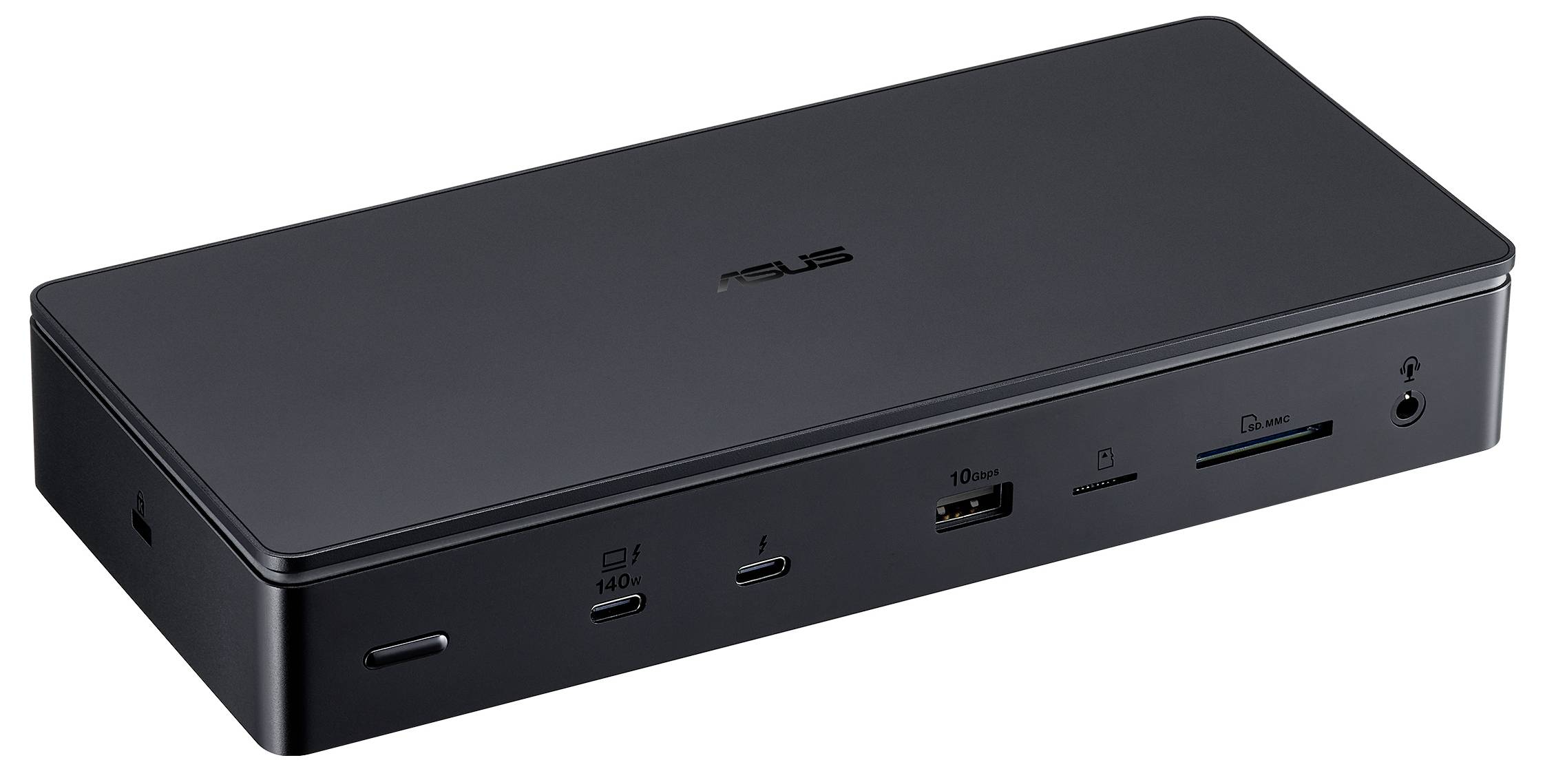 Een zwarte Asus dockingstation met meerdere poorten, waaronder USB, HDMI en Ethernet.