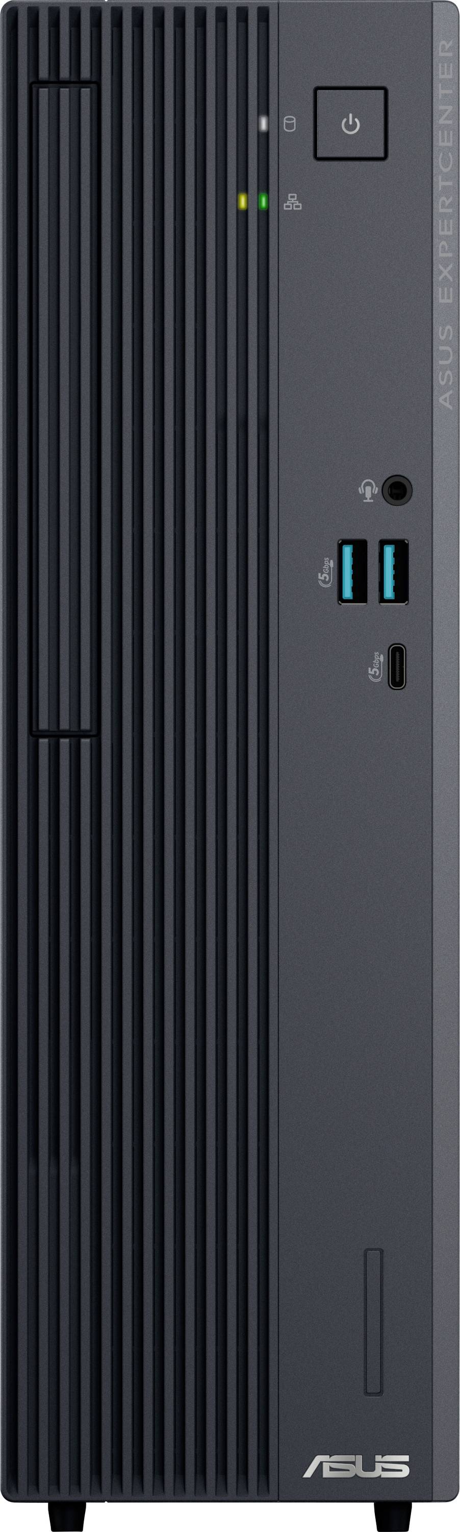 Zwarte desktopcomputer-toren met ventilatiesleuven, aan/uit-knop, indicatielampjes, USB-poorten en ASUS-logo.