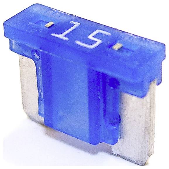 Blauwe mespatroonzekering met het opschrift '15', die een stroomsterkte van 15 ampère aangeeft, gebruikelijk in automotive elektrische systemen.