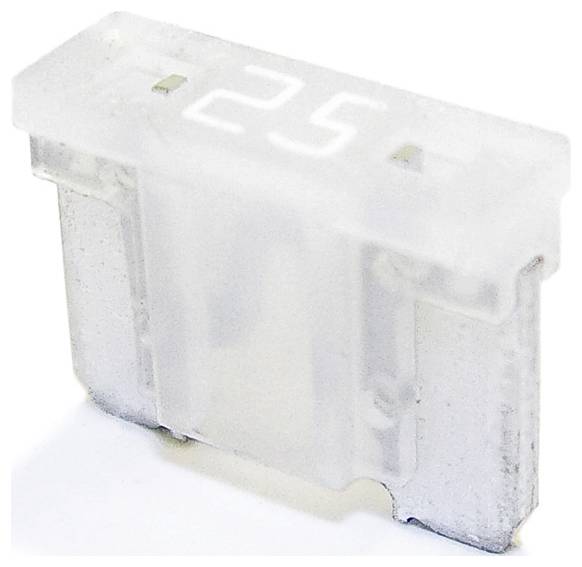 Een witte kunststof automotive plaatzekering met een nominale waarde van 25 ampère, gebruikt in voertuigen om elektrische circuits te beschermen tegen overbelasting.