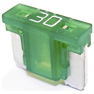 Een groene mes-zekering met het getal '30' bovenop gedrukt, wat een capaciteit van 30 ampère aangeeft, die doorgaans wordt gebruikt in automotive elektrische systemen.