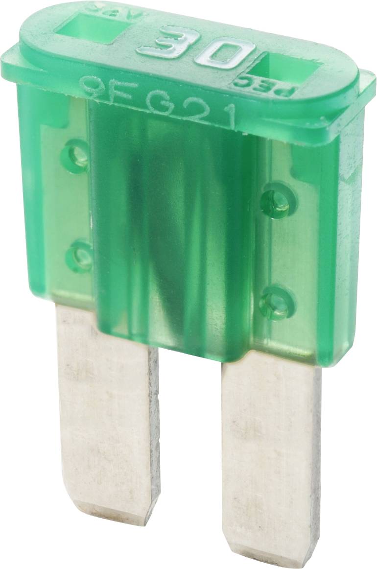 Een groene 30-ampère mestzekering met metalen pennen, gebruikt in automotive toepassingen voor stroombeveiliging.