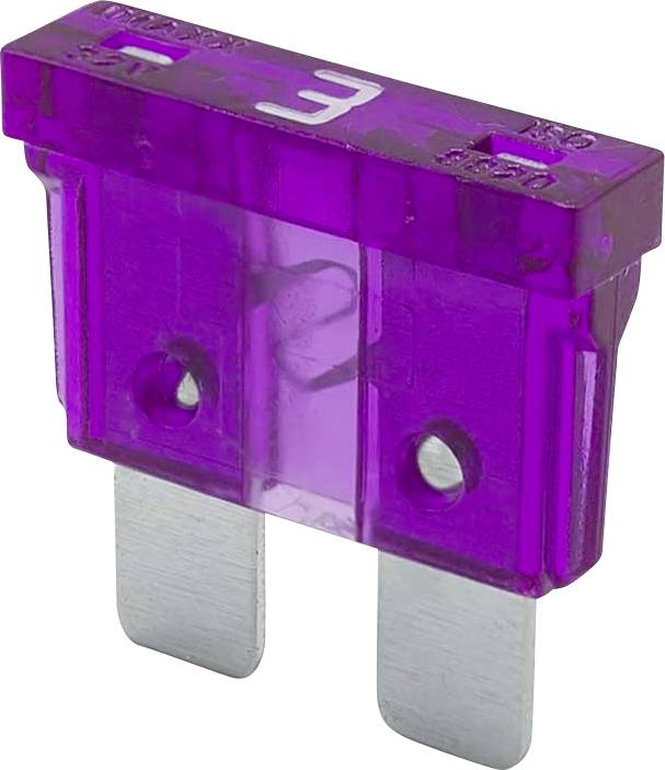 Een paarse automotive zekeringsteek met een nominale stroom van 3 ampère, voorzien van twee metalen pennen voor elektrische aansluiting.