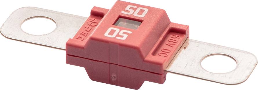 Een rode 50-ampère mespatroonzekering met metalen contacten aan beide uiteinden, gebruikt voor elektrische veiligheid in auto's of elektronische systemen.