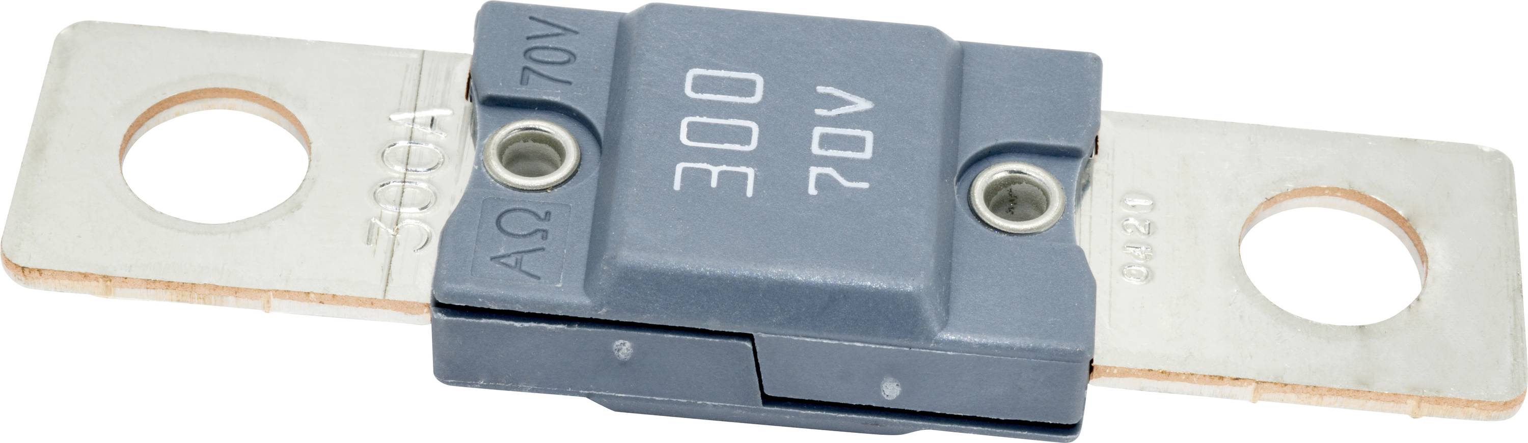 Een blauwe en zilveren autofusible met een classificatie van '300 A 70 V' met twee metalen tabs voor verbinding.