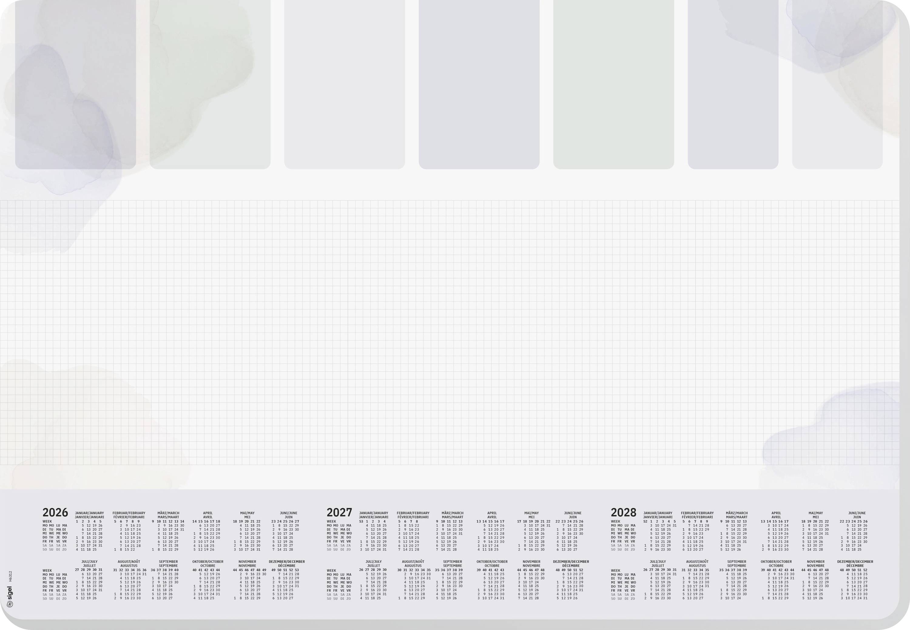 Bureauonderlegger-kalender voor 2026, 2027 en 2028, met maandoverzichten onderaan. Bovenste sectie biedt ruimte voor notities en planning.