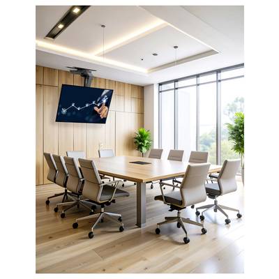 Een modern conferentieruimte met een lange tafel, acht stoelen, een aan de muur gemonteerd scherm waarop een grafiek wordt weergegeven, en grote ramen die natuurlijk licht binnenlaten.