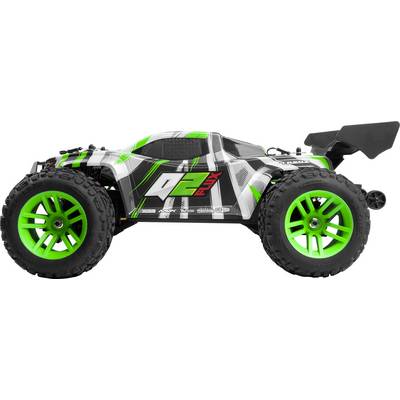 Een groene en zwarte afstandsbediende auto met een strak design en grote banden, waarbij de tekst 'Q2 Flux' aan de zijkant staat.