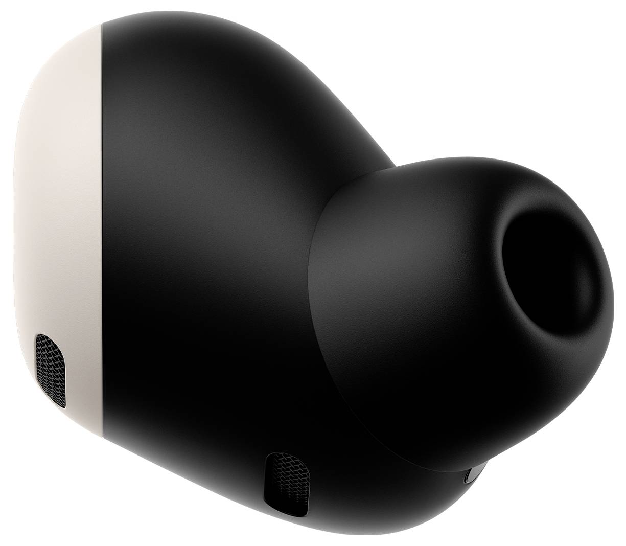 Een enkele zwarte draadloze oordop met een strak, ergonomisch ontwerp en siliconen oorpunt, gefotografeerd onder een hoek die de contouren en textuur benadrukt.