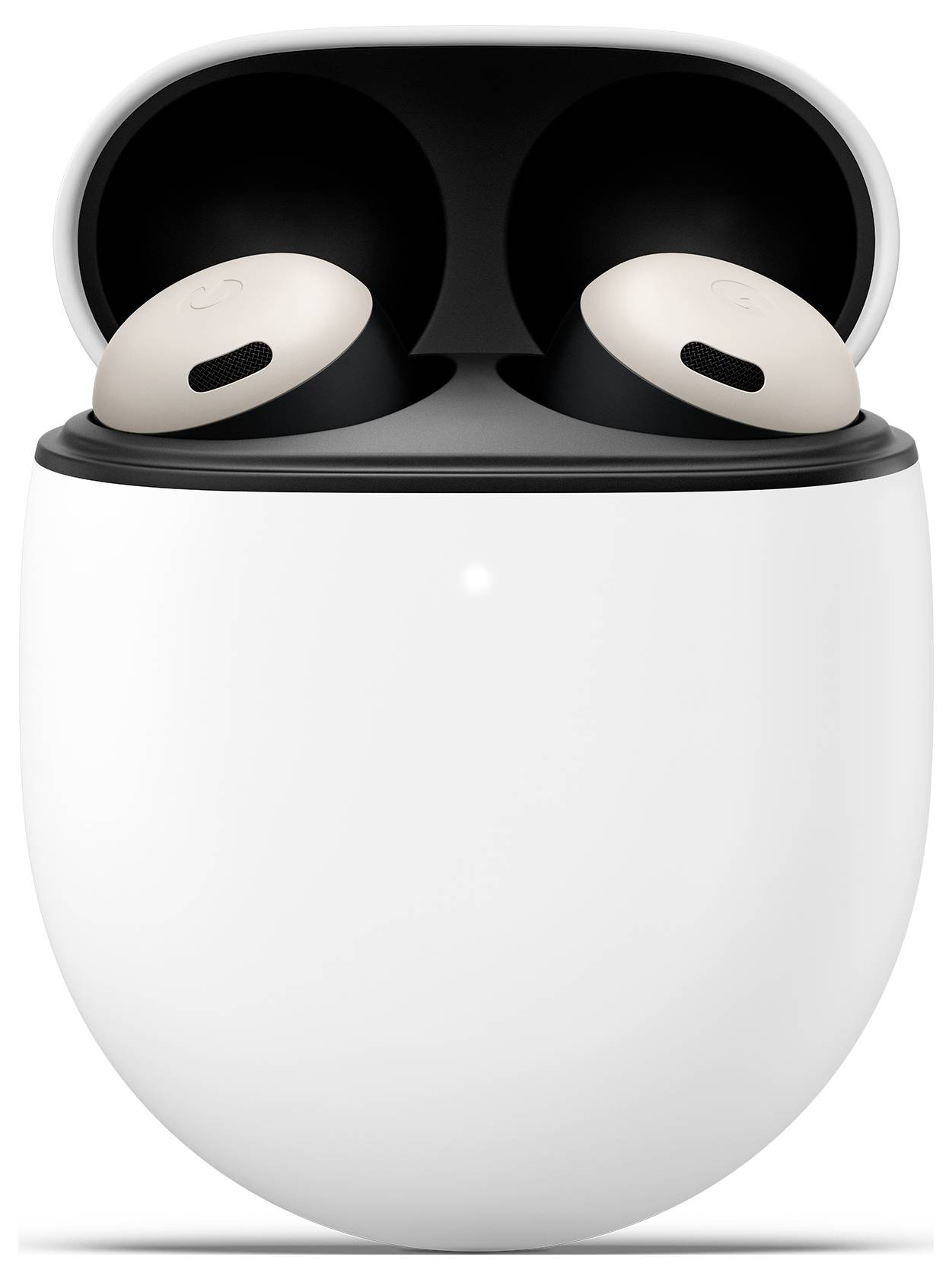 Een paar draadloze oordopjes in een witte oplaadcase, met de deksel open, waarbij het strakke ontwerp en het twee-tone kleurenschema van de oordopjes wordt tentoongespreid.