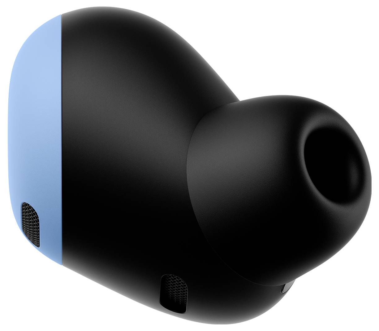 Een close-up van een zwarte en blauwe draadloze oortelefoon met een zachte siliconen oordop, ontworpen voor een comfortabele pasvorm en geluidsdemping.