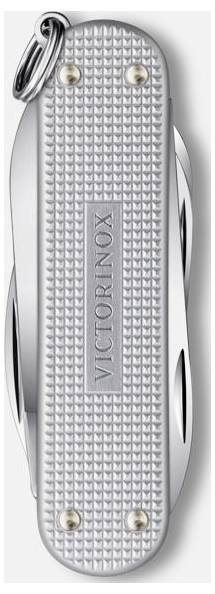 Zilveren Victorinox Swiss Army-zakmes met gestructureerd metalen handvat, sleutelhanger en zichtbare messen/gereedschappen gesloten tegen de zijkanten.