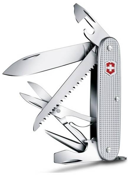 Open Zwitsers zakmes met meerdere gereedschappen uitgebreid, inclusief lemmet, zaag, schaar, flesopener en kurkentrekker.