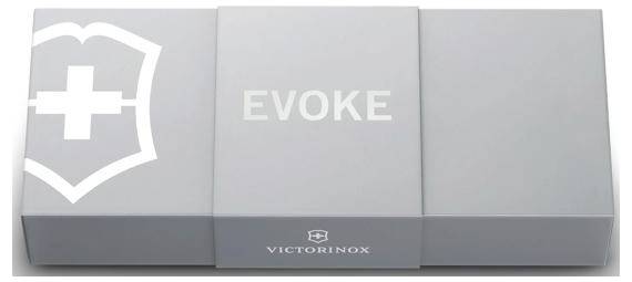 Grijze Victorinox 'EVOKE' productdoos met schild logo en Victorinox branding aan de voorkant