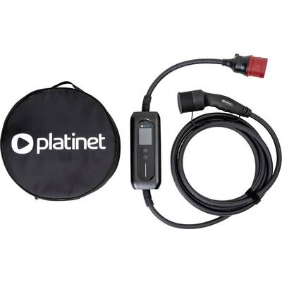Een zwarte EV-laadkabel met besturingseenheid en stekker, opgerold naast een rond zwart doosje met het opschrift 'platinet'.