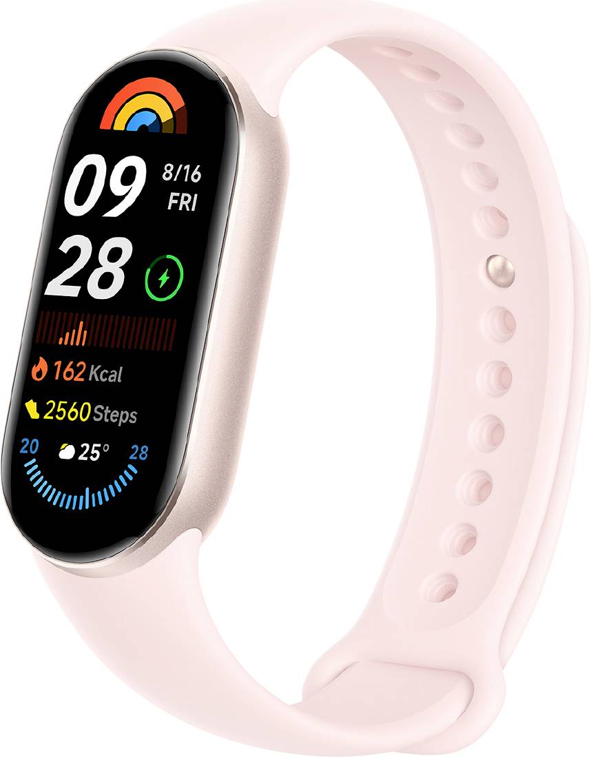 Een fitnesstracker met een roze bandje toont de tijd, datum, hartslag en stappen.