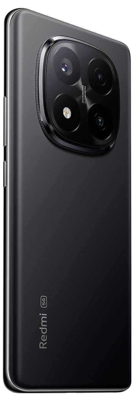 Een slanke zwarte smartphone met vier camera's aan de achterkant, gelabeld als 'Redmi.'