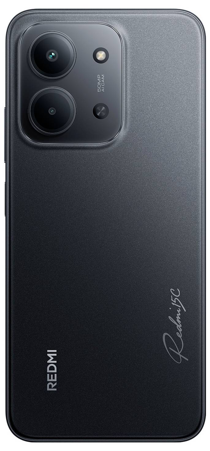 Achteraanzicht van een zwarte smartphone met dubbele cameralens en 'Redmi' branding eronder.