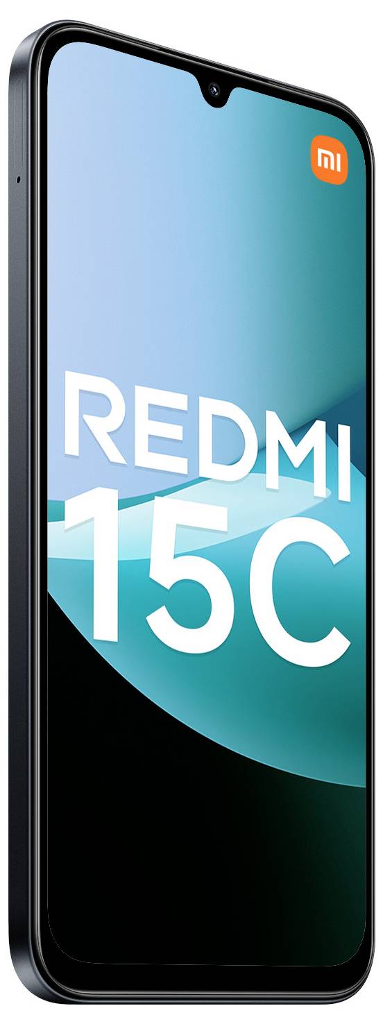 Smartphone Redmi 15C met slanke ontwerp, getoond onder een hoek. Het scherm toont de modelnaam; een klein oranje logo staat in de hoek.