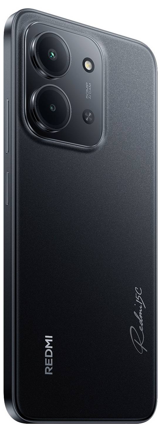 Een smartphone met een donkere metaalafwerking met dubbele achteruitcamera's en 'Redmi' branding.