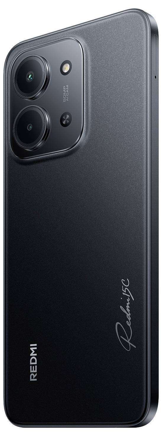 Een strak zwarte smartphone met dubbele achteruitcamera's, met 'Redmi' en 'Redmi 5G' gegraveerd op de achterkant, die zijn moderne ontwerp laat zien.