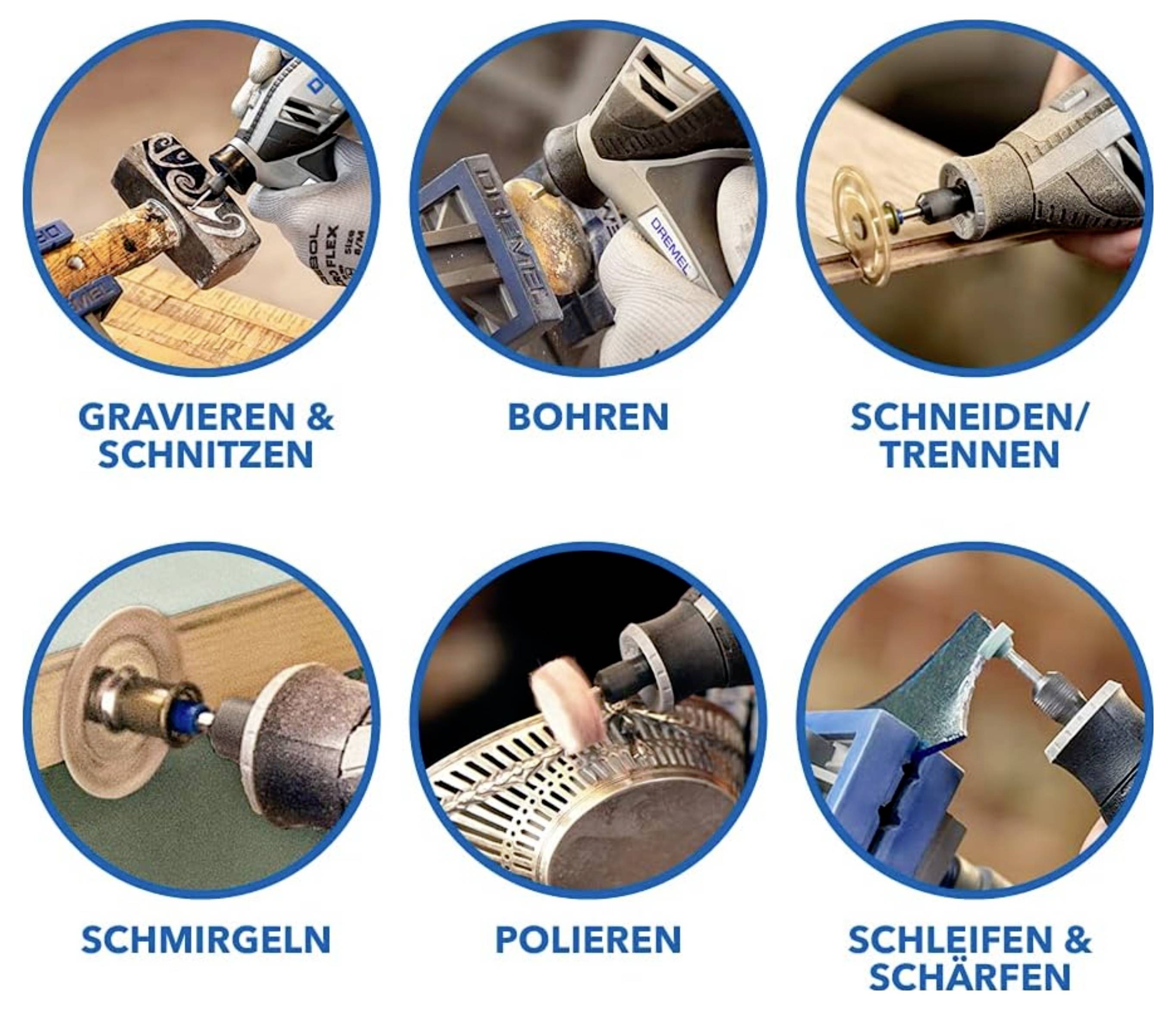 Zes cirkelvormige afbeeldingen tonen verschillende gereedschapsfuncties: 'Graveren & Snijden', 'Boren', 'Snijden/Doorsnijden', 'Schuren', 'Polijsten', 'Slijpen & Scherpen'.