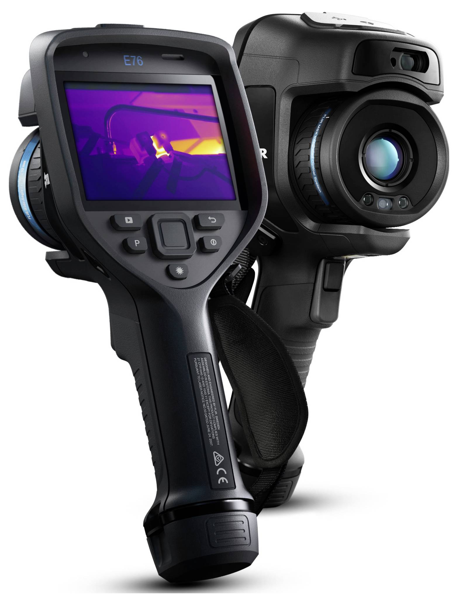 Twee handheld warmtebeeldcamera's met digitale displays en bedieningselementen worden weergegeven; het scherm van de voorste camera toont een warmtebeeldopname.