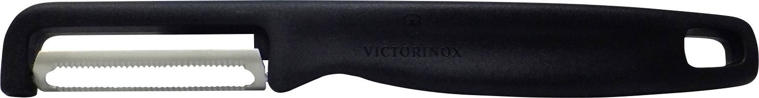 Een groenteschiller met een zwart handvat en een gekarteld lemmet.