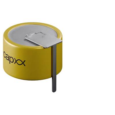 Een kleine, cilindrische, gele condensator met een metalen bovenkant en uitstekende aansluiting, voorzien van de merknaam 'cap-xx'.