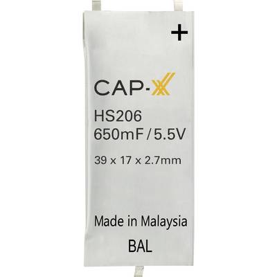 Een zilveren capacitieve component gelabeld 'CAP-XX HS206 650mF / 5.5V 39 x 17 x 2.7mm; Gemaakt in Maleisië BAL' met een plusteken bovenaan.