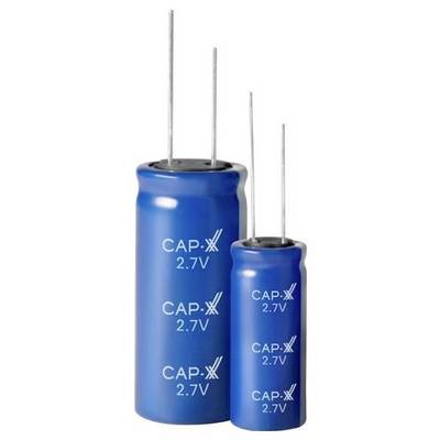 'Twee blauwe condensatoren met het label CAP-XX 2.7V met verschillende formaten, die een vergelijking van afmetingen laten zien.'
