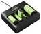 Batterijlader van Voltcraft die verschillende groene batterijen oplaadt, waaronder AA, AAA, C en D formaten. Het display toont de laadstatus.