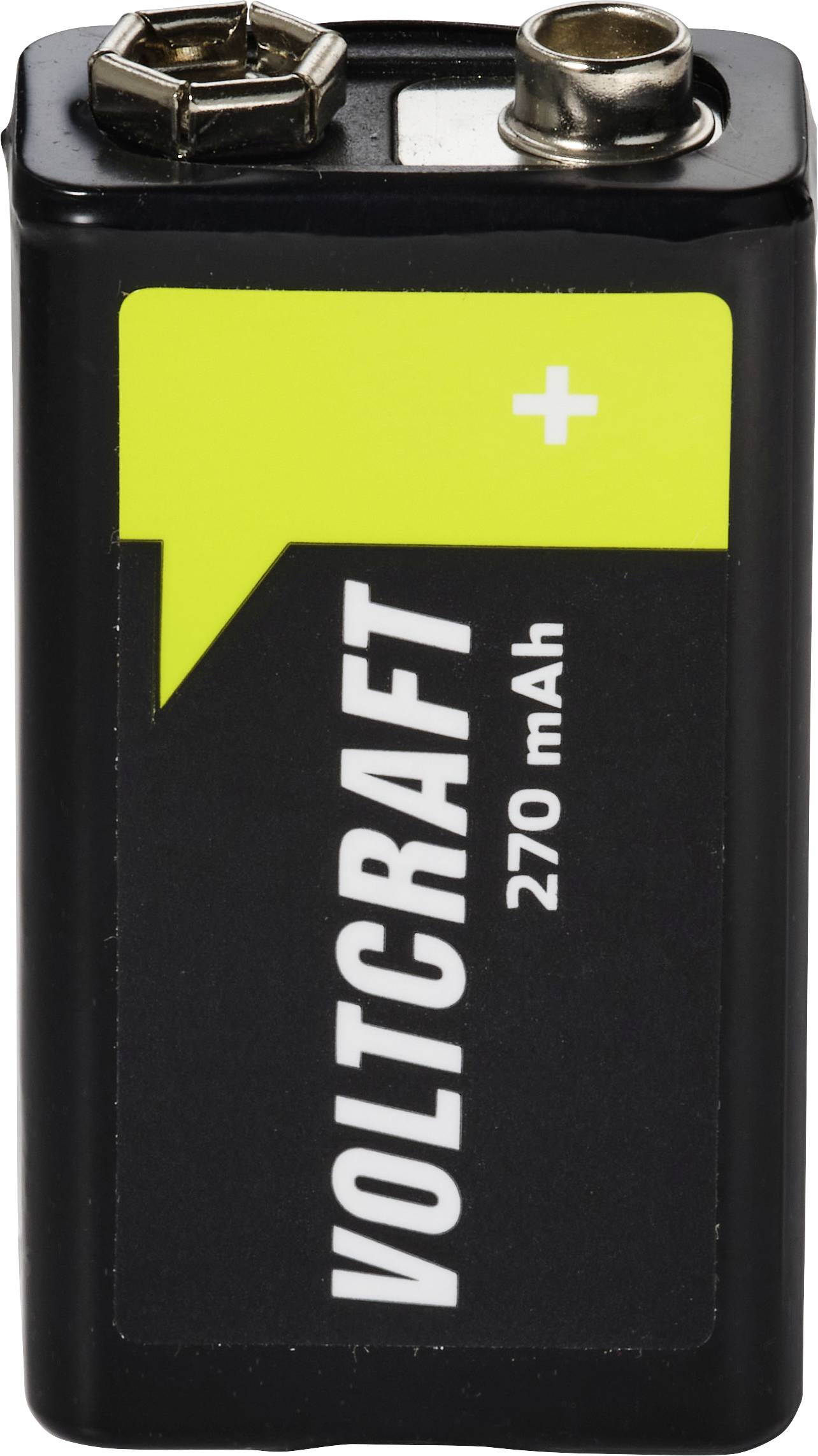 Een zwarte 9-volt Voltcraft-batterij met metalen snapaansluitingen en een geel etiket met een plusteken en '270 mAh'.