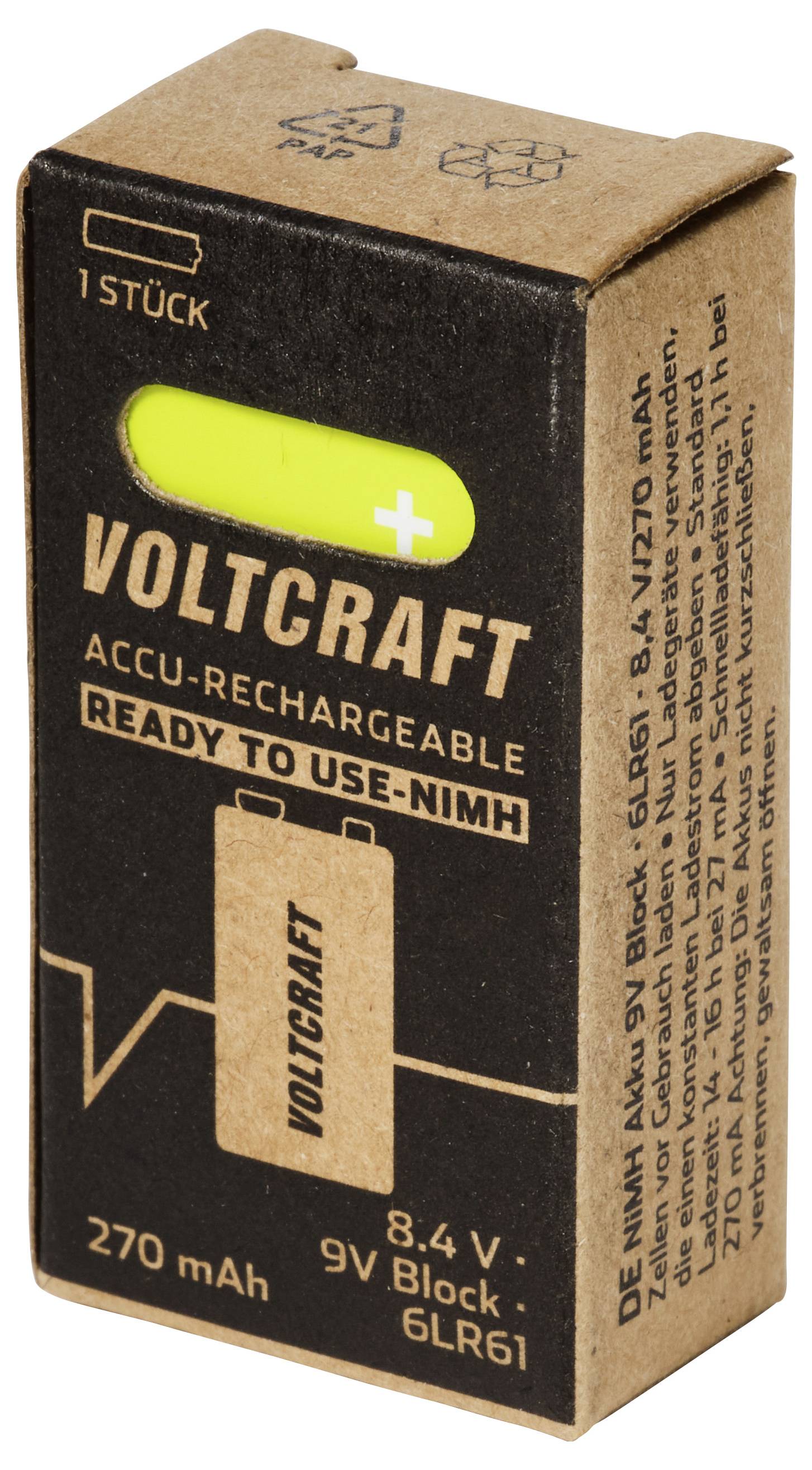 Voltcraft oplaadbare 9V batterijdoos, zwart en bruin verpakking gelabeld 'KLAAR VOOR GEBRUIK - NiMH' en '270 mAh'.