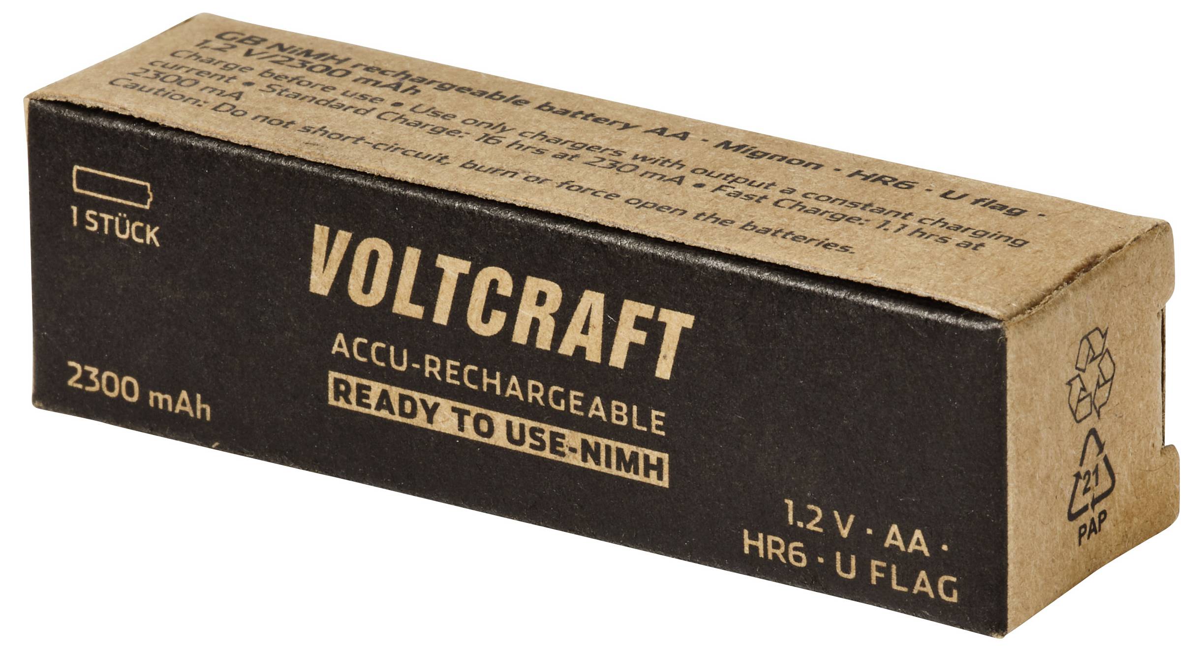 Voltcraft Accu-oplaadbare 2300 mAh AA batterij doos, gelabeld 'READY TO USE NMH' en '1.2 V AA'