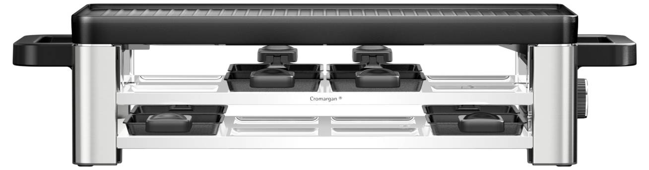 Elektrische grill met verwarming aan twee zijden, vier afzonderlijke raclettepannen en verstelbare warmte-instellingen, ontworpen voor tafelblad koken.