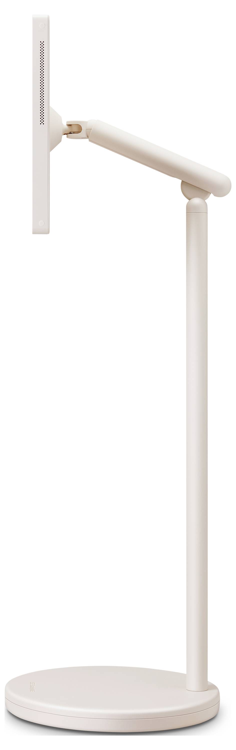 Een slanke, moderne vloerlamp met een verstelbare arm en een dun, plat lichtpaneel, allemaal in een minimalistisch ontwerp.