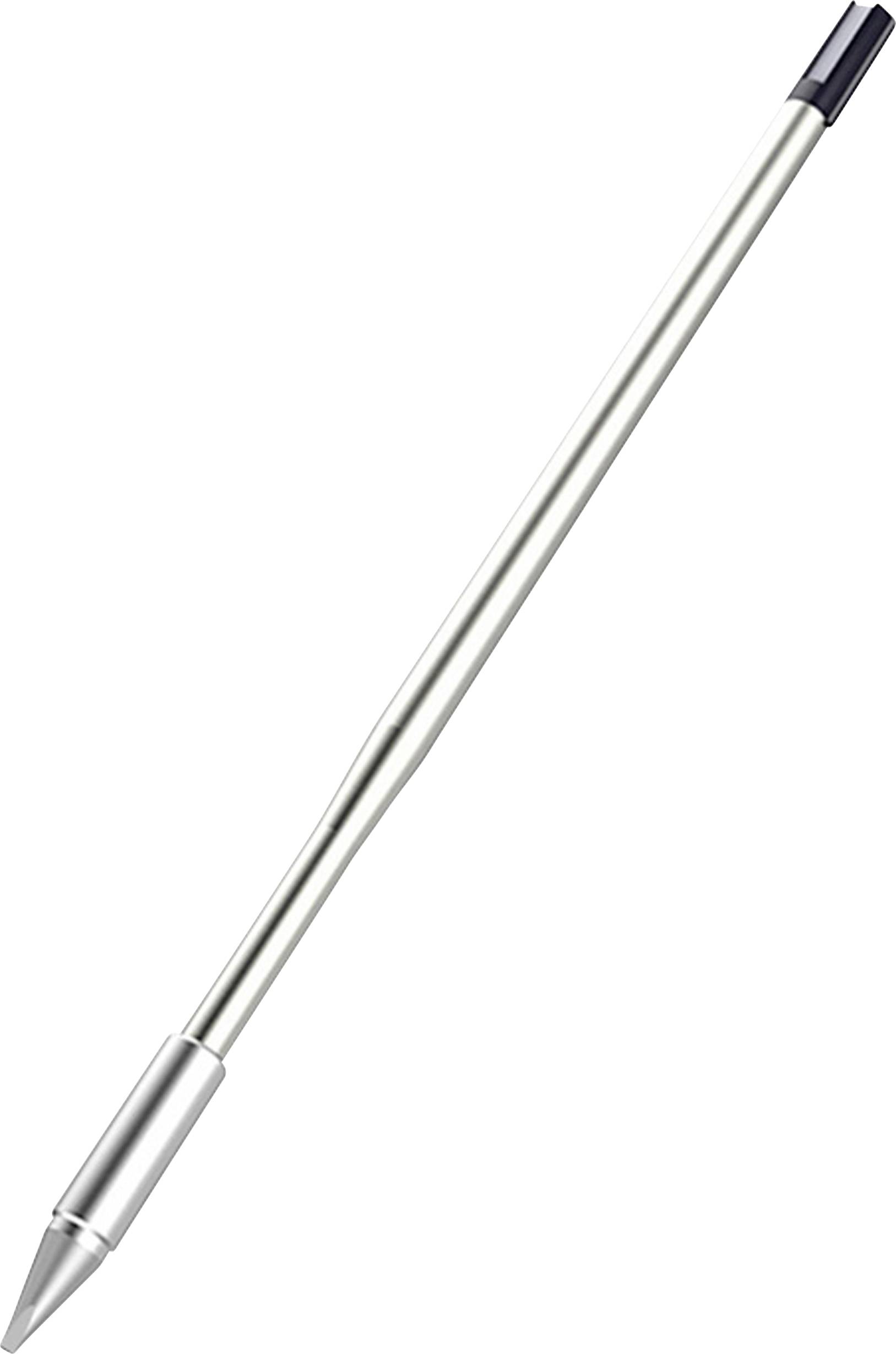 Een metalen speerpunt met een zwart gedeelte aan de tegenovergestelde kant, met een strak en puntig ontwerp.