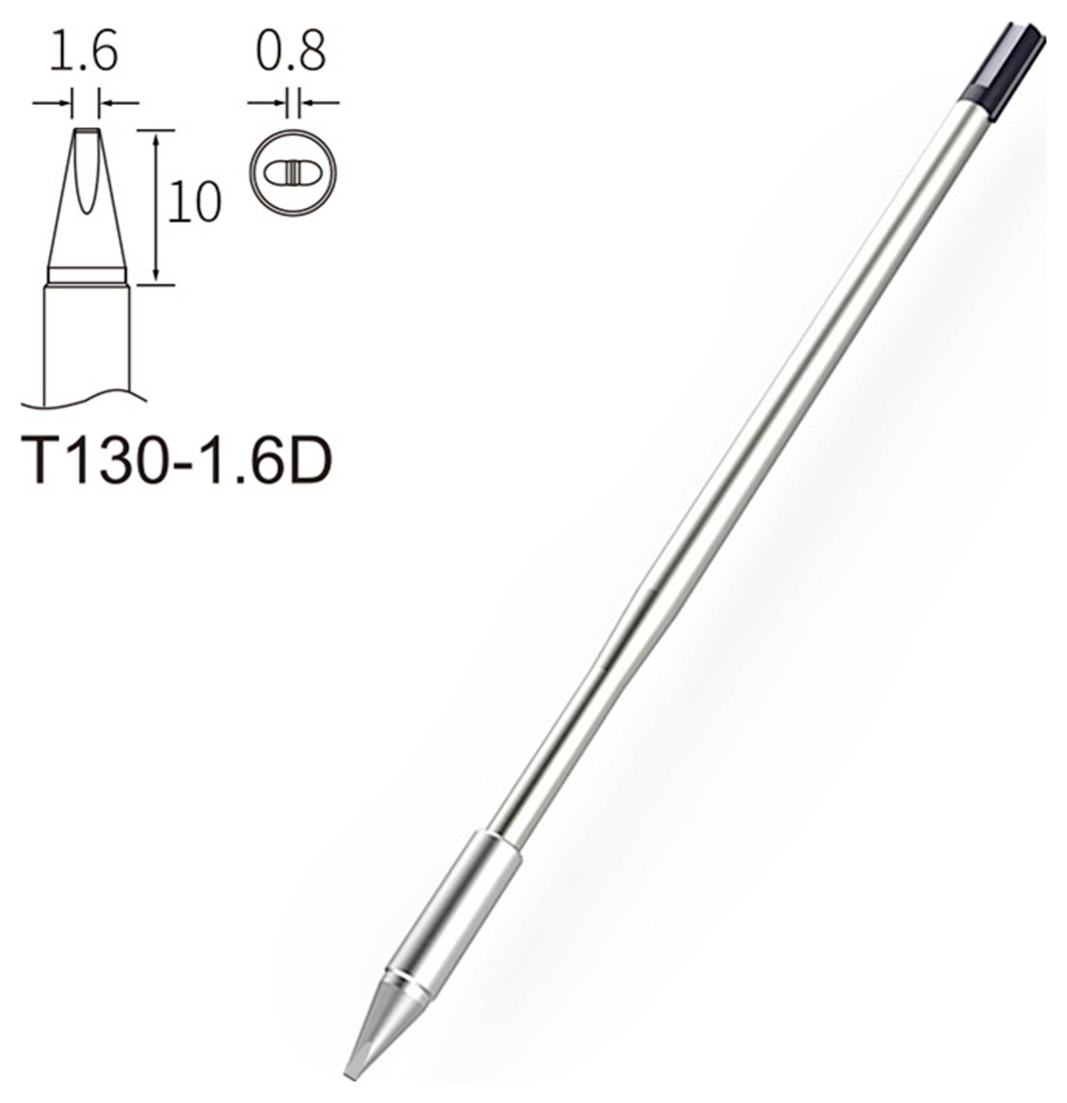 Soldeerboutpunt, model T130-1.6D; diagram toont afmetingen: 1,6 mm diameter, 10 mm lengte, 0,8 mm puntbreedte.