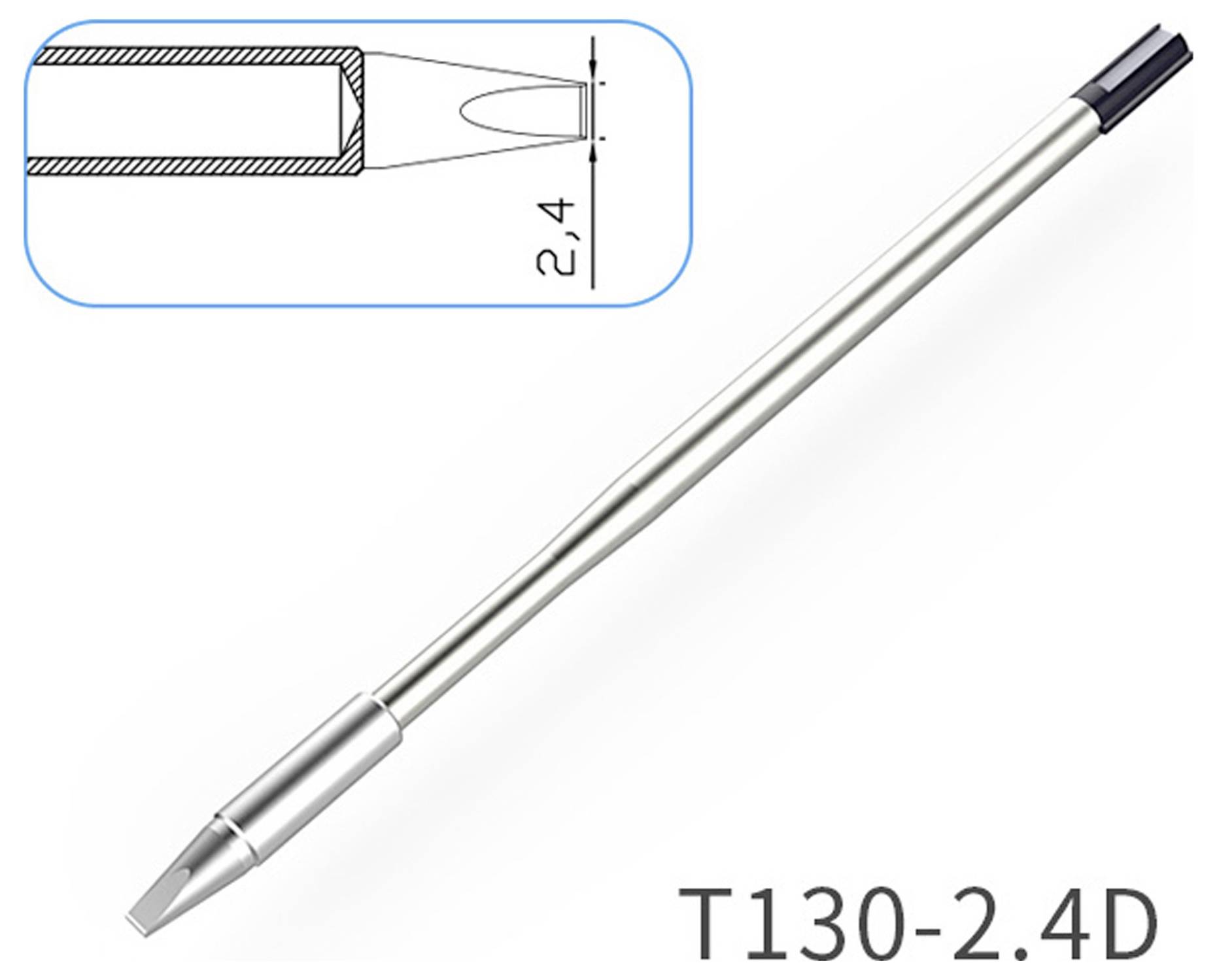 Soldeerbout punt T130-2.4D, weergegeven met een doorsnedediagram met afmetingen van 2,4 mm.