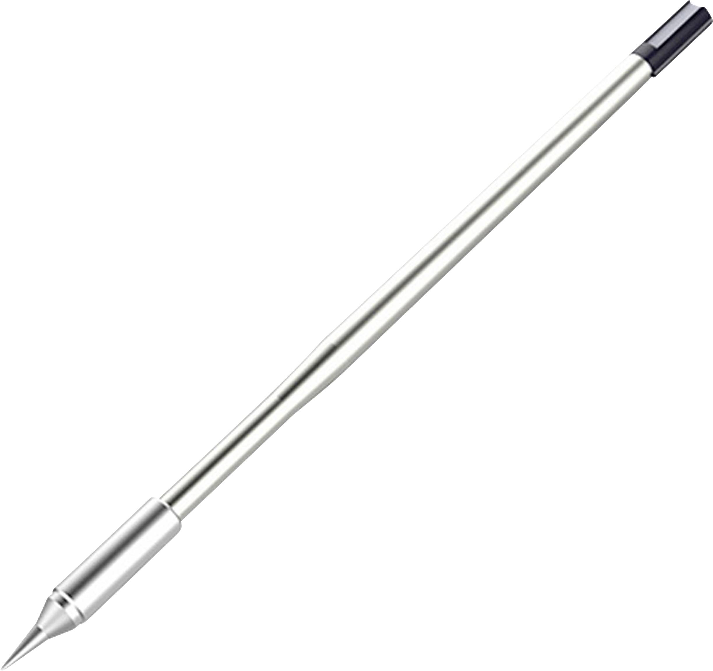 Een zilveren en zwarte precisie stylus pen met een puntige punt, ontworpen voor digitale schermen, diagonaal geplaatst op een witte achtergrond.