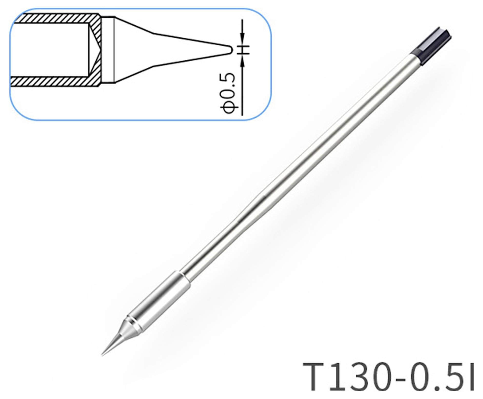 Soldeerbout punt T130-0.5I, dun en precies, met een ingezette diagram die zijn afmetingen toont, met nadruk op een diameter van 0,5 mm.