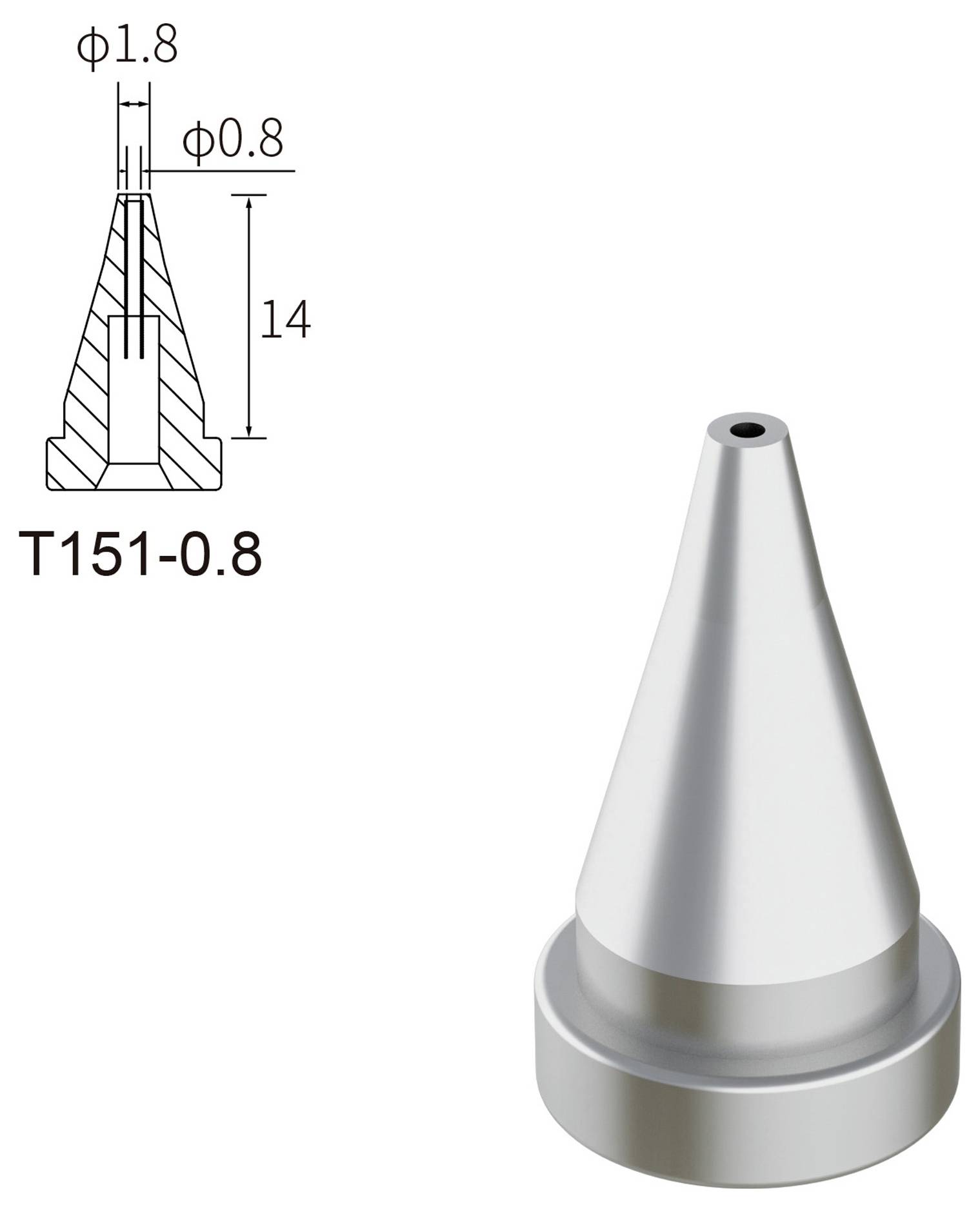 'Soldeerbout punt T151-0.8; afmetingen: diameter 1,8 mm, puntdiameter 0,8 mm, lengte 14 mm.'