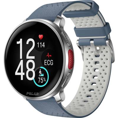 Een slimme horloge toont de tijd '12:48', hartslag '114', ECG-pictogram en activiteitsvoortgang '75%'. Het horloge heeft een blauwe band.