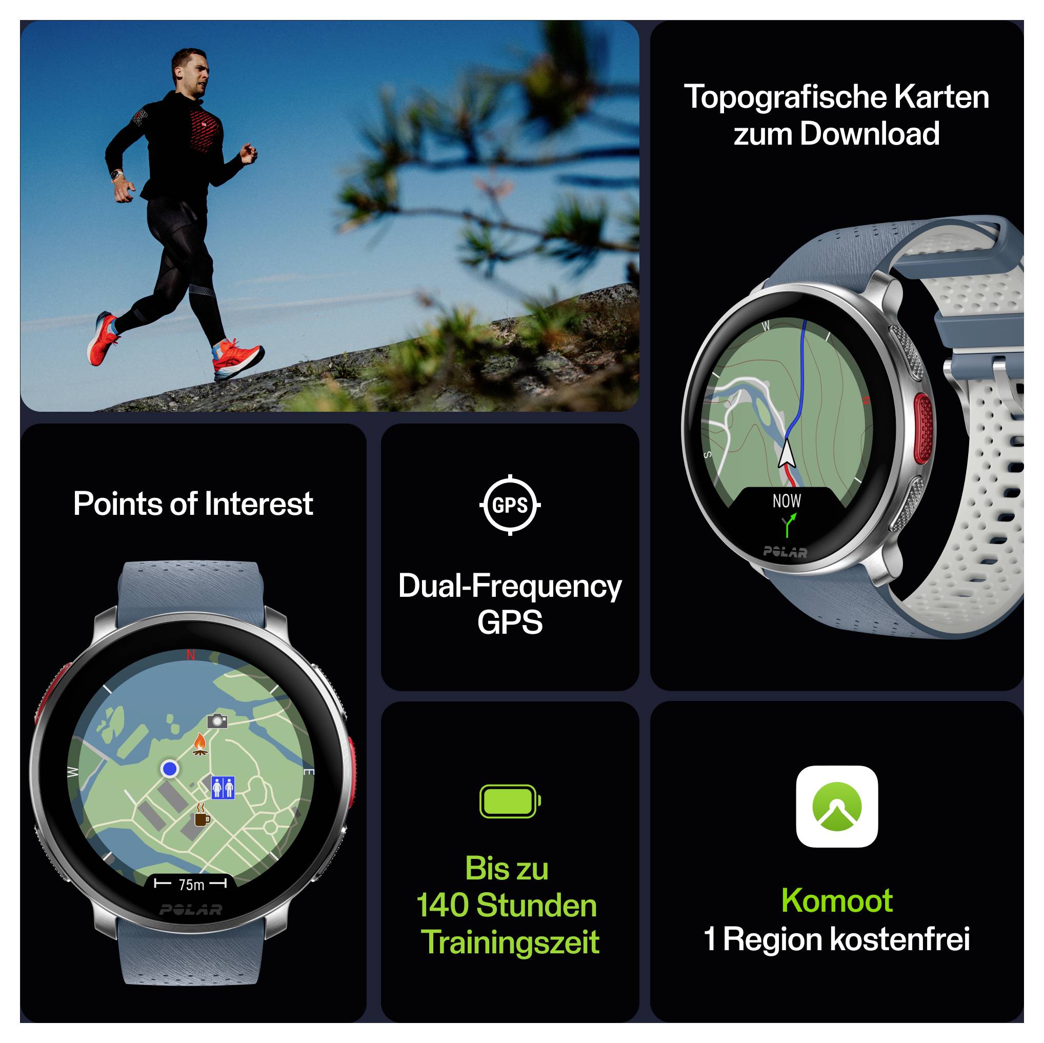 'Advertentie voor een Polar smartwatch met GPS-navigatie, topografische kaarten en tot 140 uur trainingstijd.'