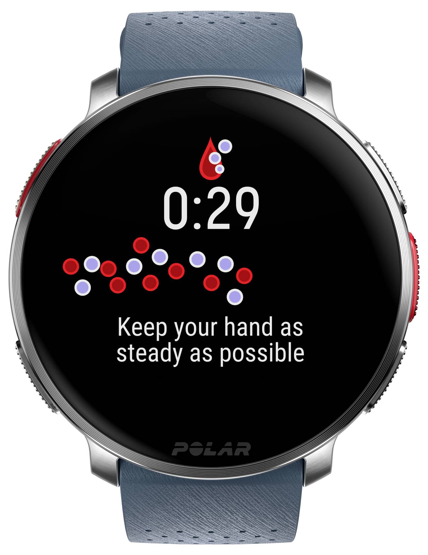 Smartwatch waarop 'Houd uw hand zo stil mogelijk' staat met een rode druppelpictogram en een timer van 0:29 seconden.