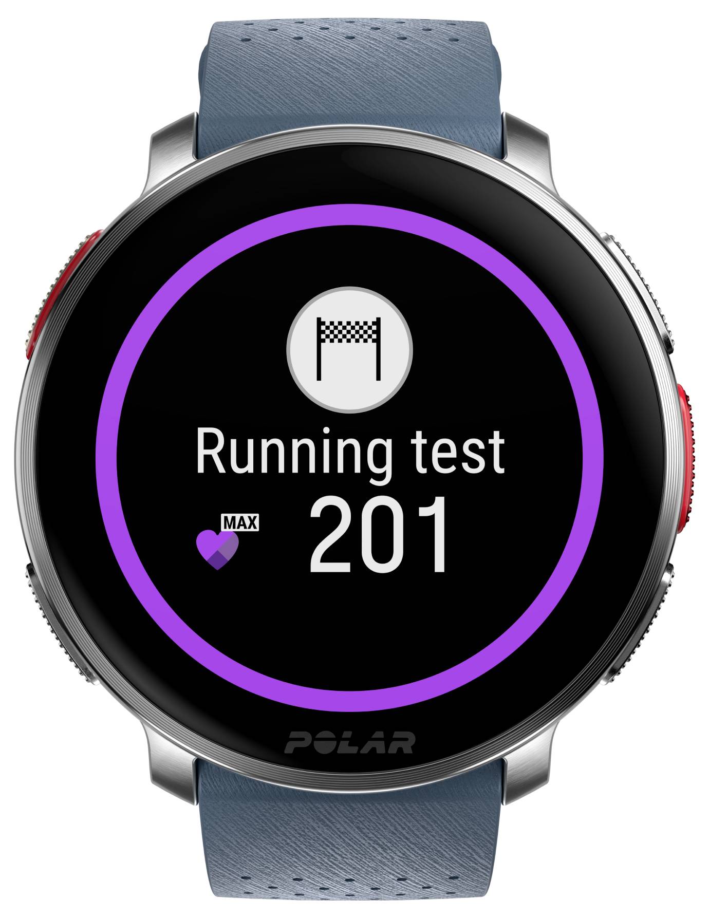 Smartwatch met de weergave 'Running test 201' met een geblokte vlag-icoon en hartsymbool, wat een fitness-testmodus aangeeft.