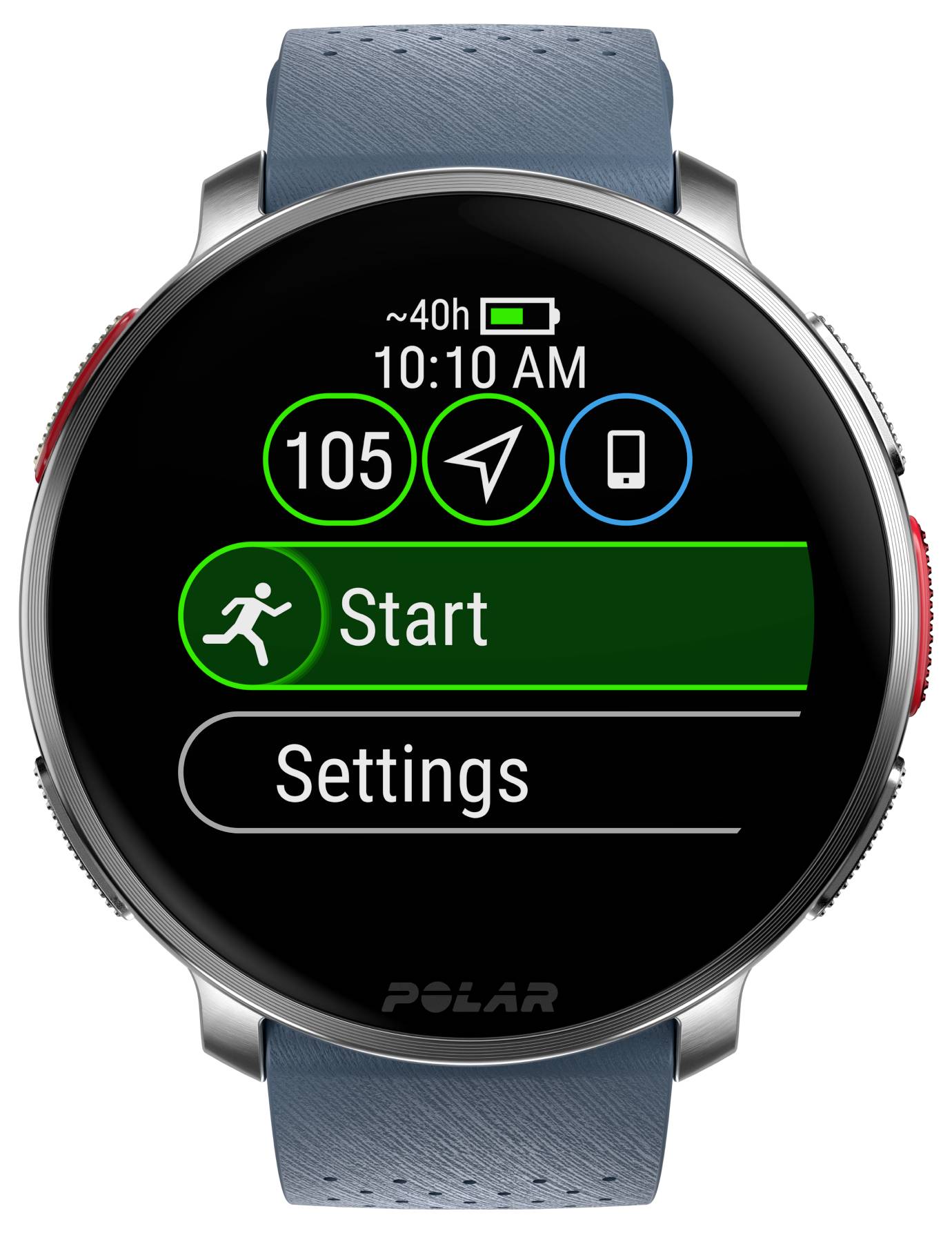 Een smartwatch die 'Start' en 'Instellingen' opties op het scherm toont, met een hardlooppictogram, tijd en batterij-indicator.