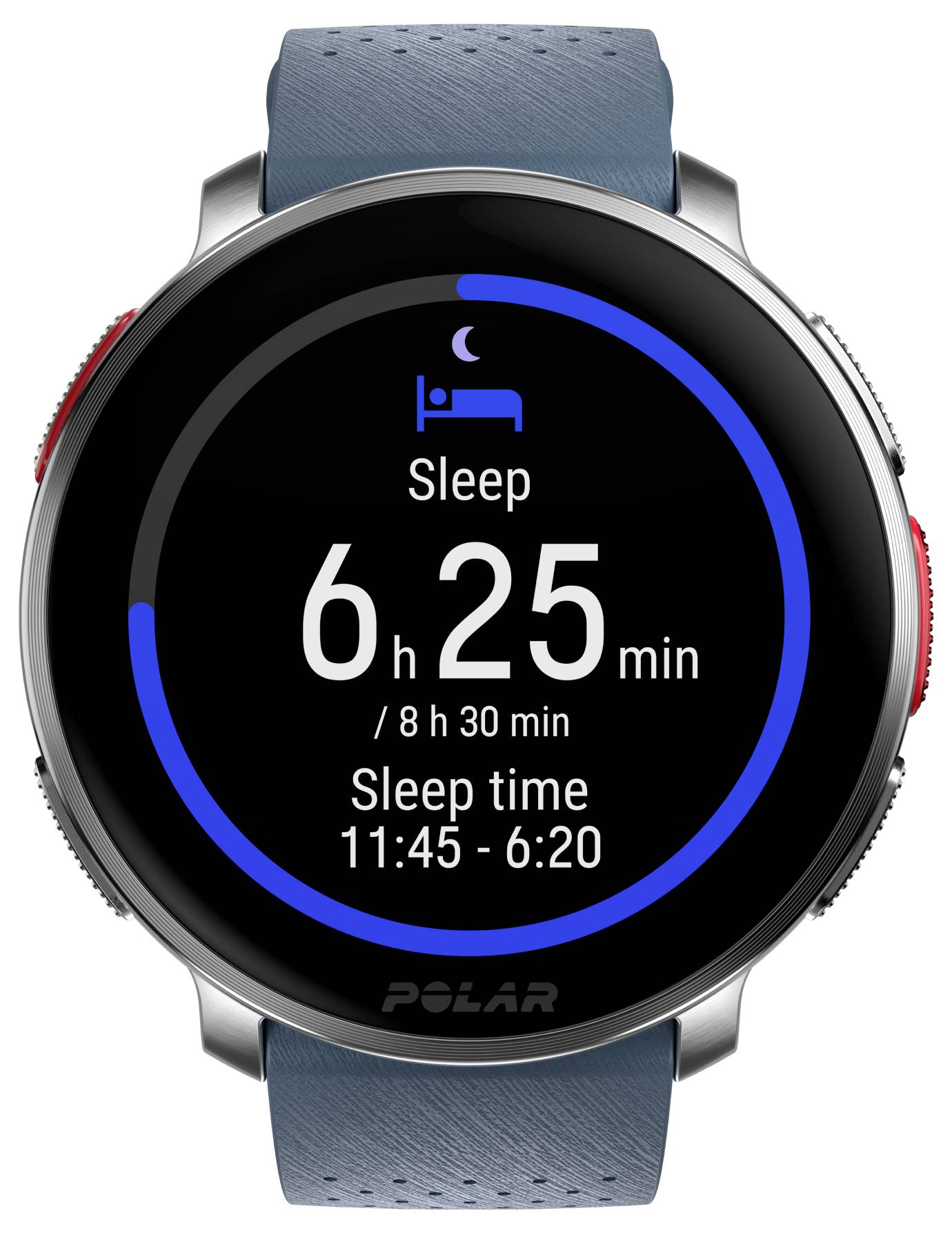 Een smartwatch-display met slaaptrackinggegevens: 'Slaap 6 u 25 min (8 u 30 min doel), Slaaptijd 23:45 - 6:20'