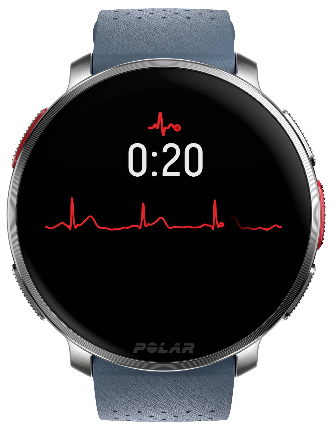 Een smartwatch-display waarop een timer staat ingesteld op '0:20' en een rode lijngrafiek die de hartslag weergeeft, wat wijst op een actieve hartslagmonitoringfunctie.